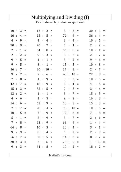 The 100 Horizontal Multiplication/Division Questions (Facts 1 to 10) Euro Format (I) Math Worksheet
