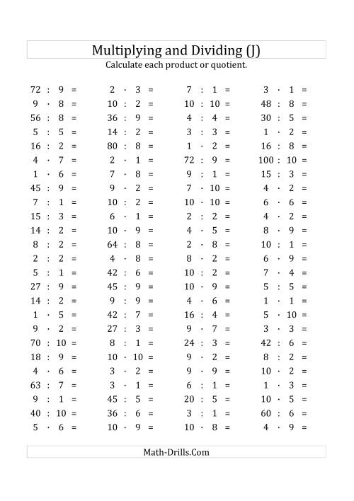 The 100 Horizontal Multiplication/Division Questions (Facts 1 to 10) Euro Format (J) Math Worksheet