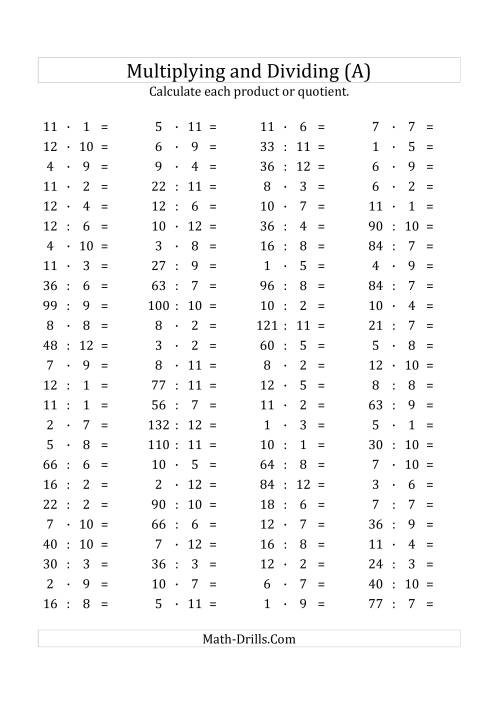 The 100 Horizontal Multiplication/Division Questions (Facts 1 to 12) Euro Format (A) Math Worksheet