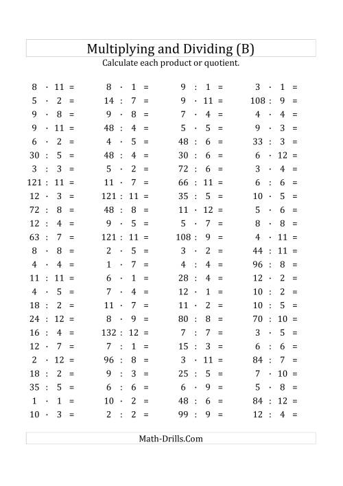 The 100 Horizontal Multiplication/Division Questions (Facts 1 to 12) Euro Format (B) Math Worksheet