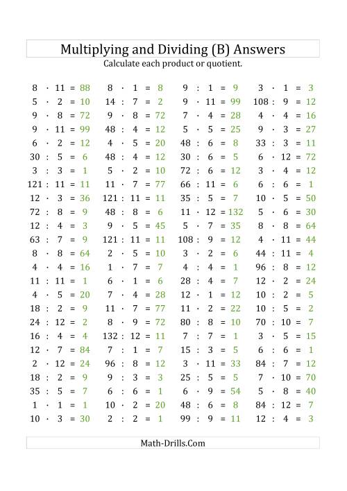 The 100 Horizontal Multiplication/Division Questions (Facts 1 to 12) Euro Format (B) Math Worksheet Page 2