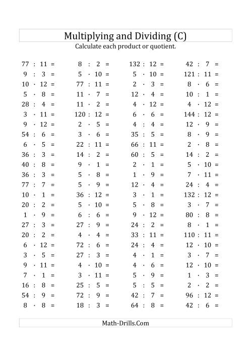 The 100 Horizontal Multiplication/Division Questions (Facts 1 to 12) Euro Format (C) Math Worksheet
