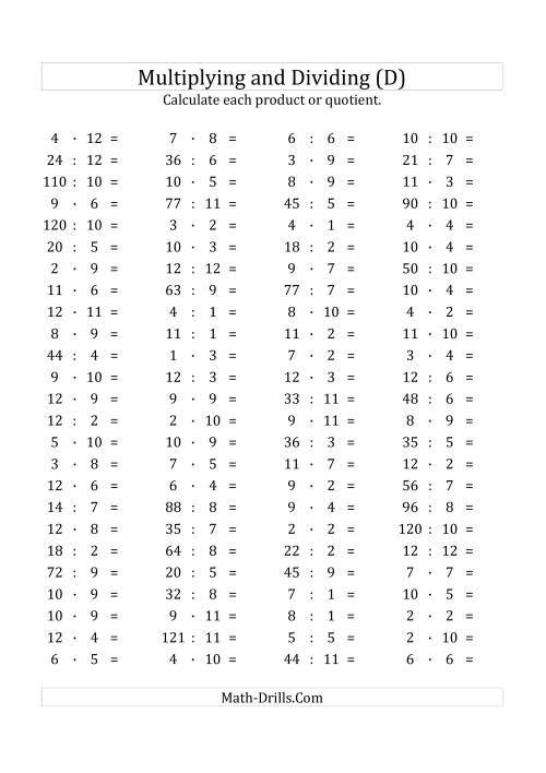 The 100 Horizontal Multiplication/Division Questions (Facts 1 to 12) Euro Format (D) Math Worksheet