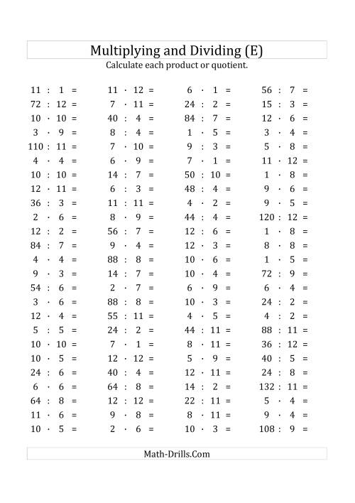 The 100 Horizontal Multiplication/Division Questions (Facts 1 to 12) Euro Format (E) Math Worksheet