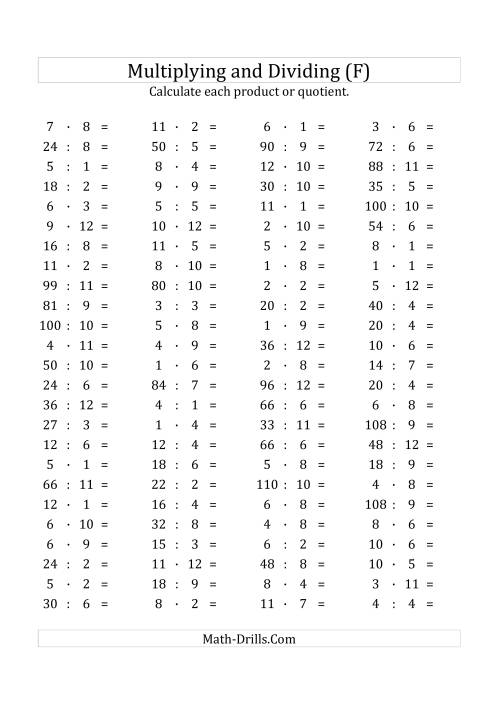 The 100 Horizontal Multiplication/Division Questions (Facts 1 to 12) Euro Format (F) Math Worksheet