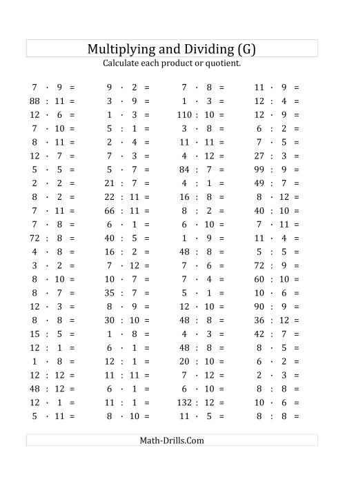 The 100 Horizontal Multiplication/Division Questions (Facts 1 to 12) Euro Format (G) Math Worksheet