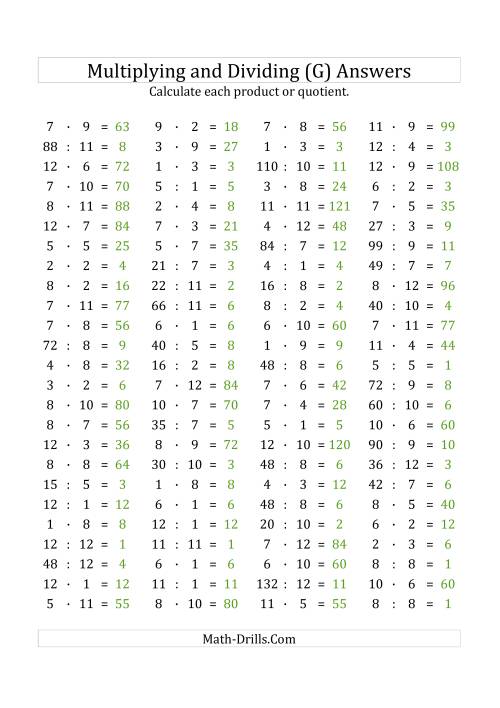 The 100 Horizontal Multiplication/Division Questions (Facts 1 to 12) Euro Format (G) Math Worksheet Page 2
