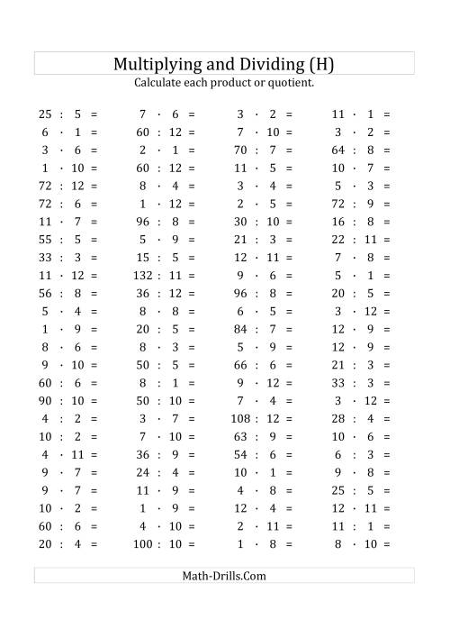 The 100 Horizontal Multiplication/Division Questions (Facts 1 to 12) Euro Format (H) Math Worksheet