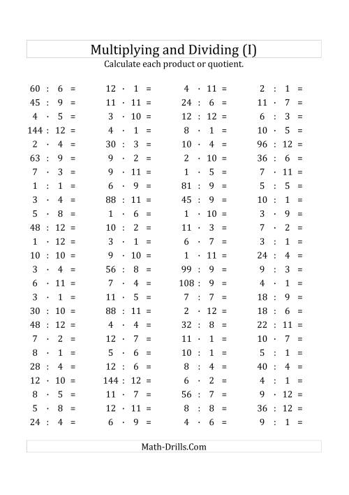 The 100 Horizontal Multiplication/Division Questions (Facts 1 to 12) Euro Format (I) Math Worksheet