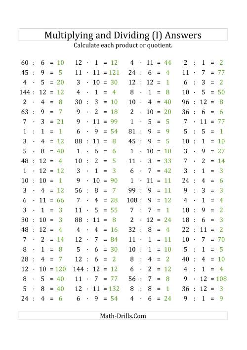 The 100 Horizontal Multiplication/Division Questions (Facts 1 to 12) Euro Format (I) Math Worksheet Page 2
