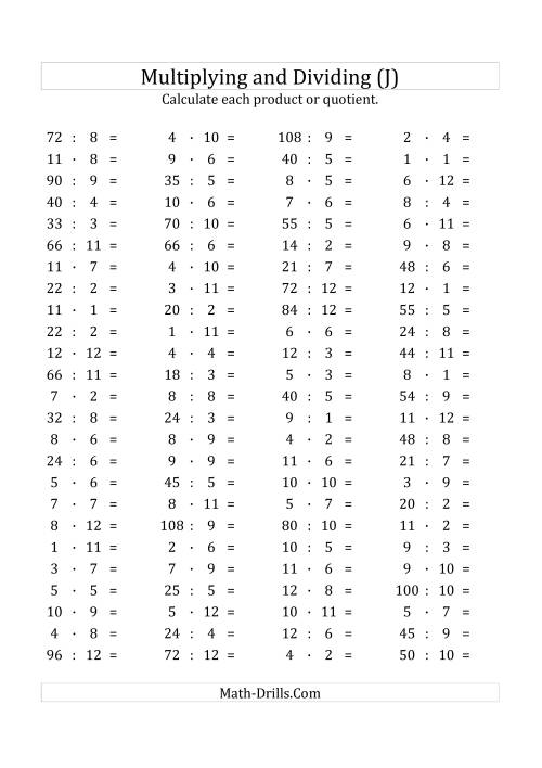 The 100 Horizontal Multiplication/Division Questions (Facts 1 to 12) Euro Format (J) Math Worksheet