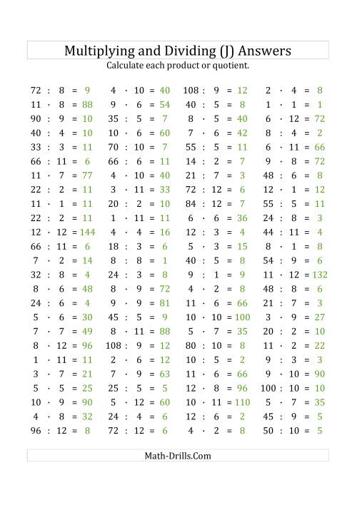 The 100 Horizontal Multiplication/Division Questions (Facts 1 to 12) Euro Format (J) Math Worksheet Page 2