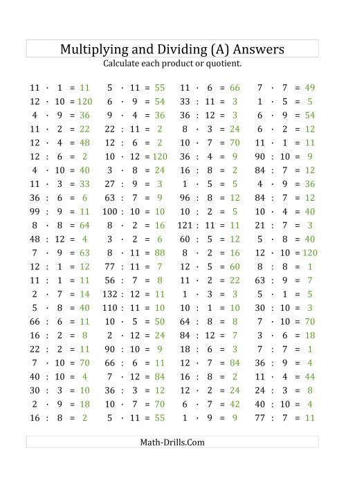 The 100 Horizontal Multiplication/Division Questions (Facts 1 to 12) Euro Format (All) Math Worksheet Page 2