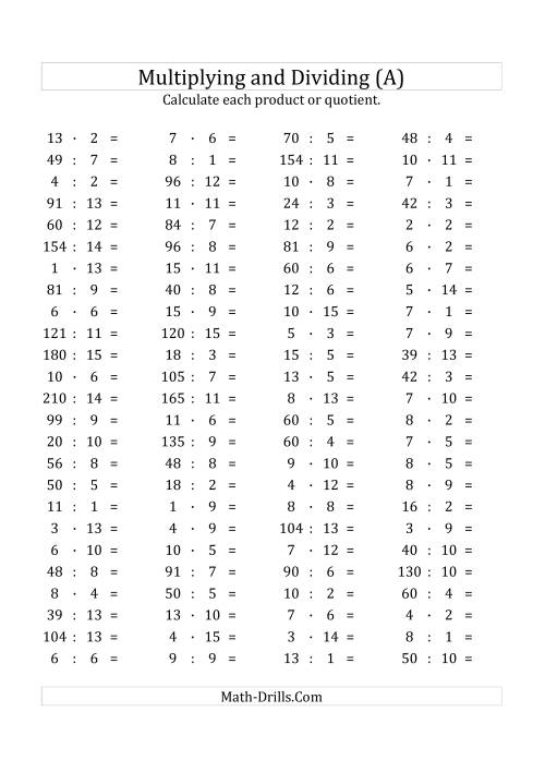 The 100 Horizontal Multiplication/Division Questions (Facts 1 to 15) Euro Format (A) Math Worksheet