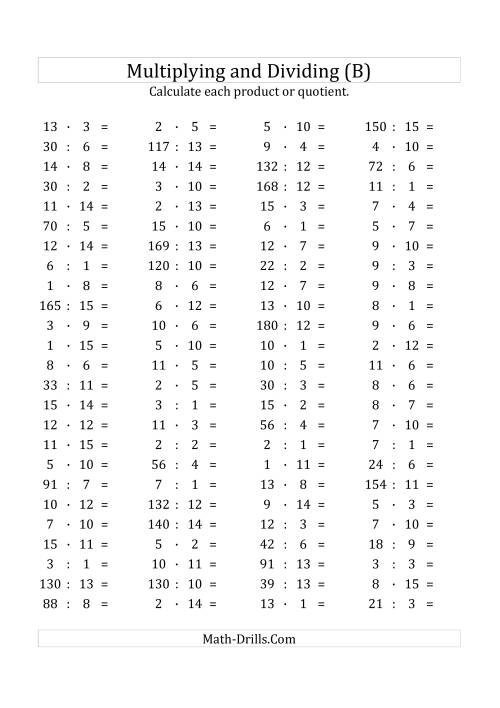 The 100 Horizontal Multiplication/Division Questions (Facts 1 to 15) Euro Format (B) Math Worksheet