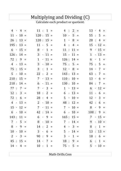 The 100 Horizontal Multiplication/Division Questions (Facts 1 to 15) Euro Format (C) Math Worksheet