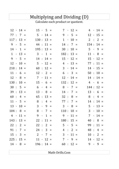 The 100 Horizontal Multiplication/Division Questions (Facts 1 to 15) Euro Format (D) Math Worksheet