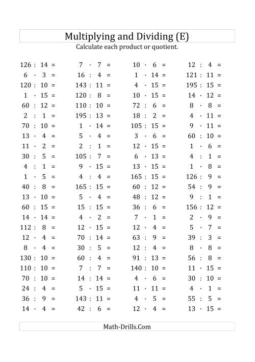 The 100 Horizontal Multiplication/Division Questions (Facts 1 to 15) Euro Format (E) Math Worksheet