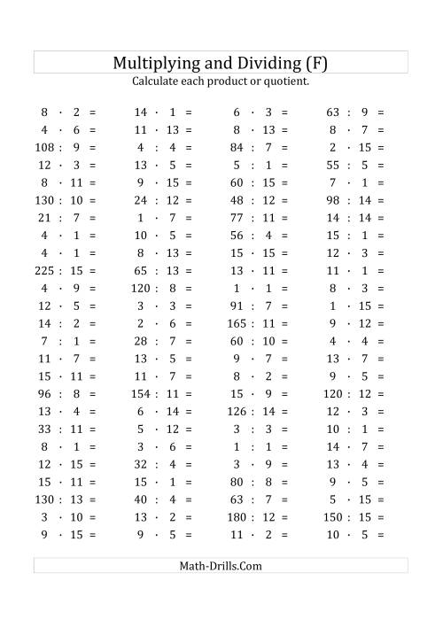 The 100 Horizontal Multiplication/Division Questions (Facts 1 to 15) Euro Format (F) Math Worksheet