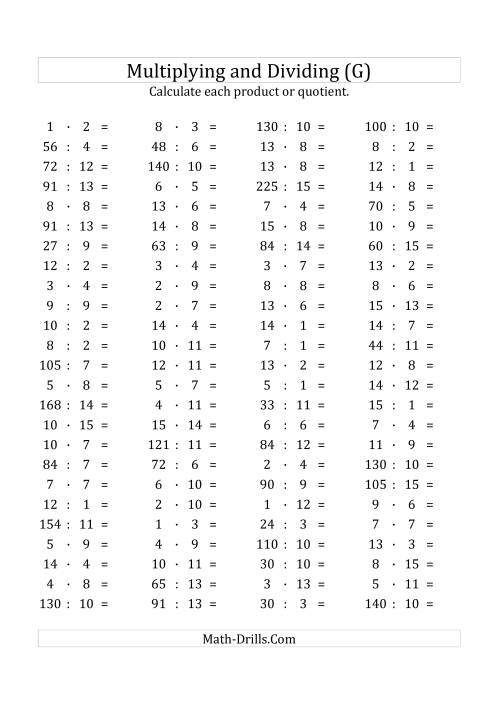 The 100 Horizontal Multiplication/Division Questions (Facts 1 to 15) Euro Format (G) Math Worksheet