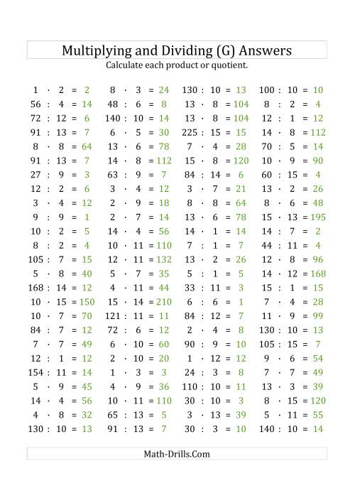 The 100 Horizontal Multiplication/Division Questions (Facts 1 to 15) Euro Format (G) Math Worksheet Page 2