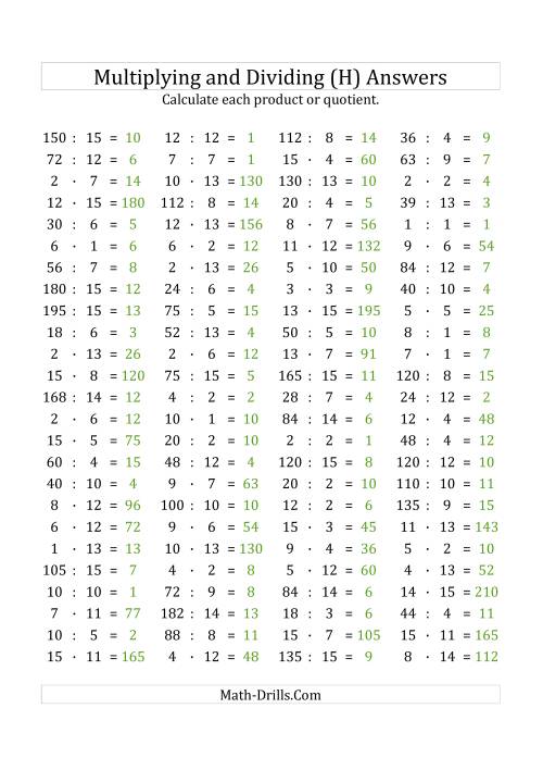 The 100 Horizontal Multiplication/Division Questions (Facts 1 to 15) Euro Format (H) Math Worksheet Page 2