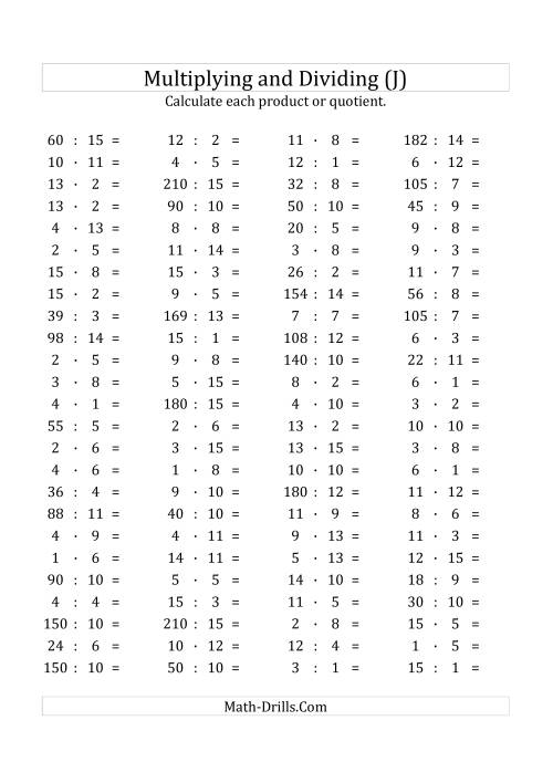 The 100 Horizontal Multiplication/Division Questions (Facts 1 to 15) Euro Format (J) Math Worksheet