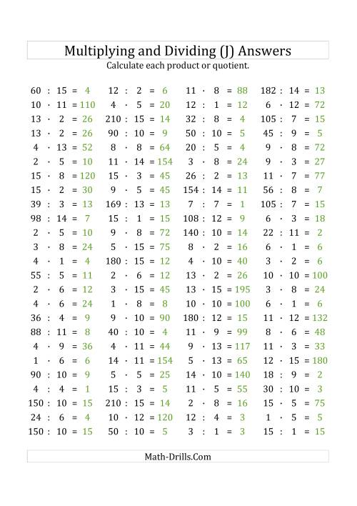 The 100 Horizontal Multiplication/Division Questions (Facts 1 to 15) Euro Format (J) Math Worksheet Page 2