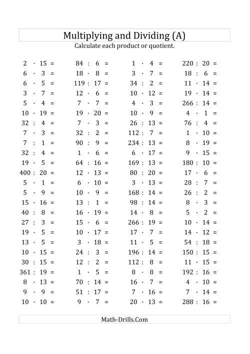 The 100 Horizontal Multiplication/Division Questions (Facts 1 to 20) Euro Format (A) Math Worksheet