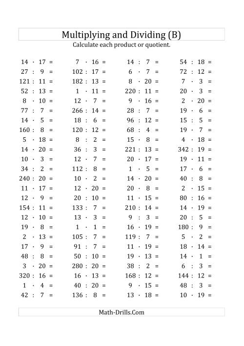 The 100 Horizontal Multiplication/Division Questions (Facts 1 to 20) Euro Format (B) Math Worksheet