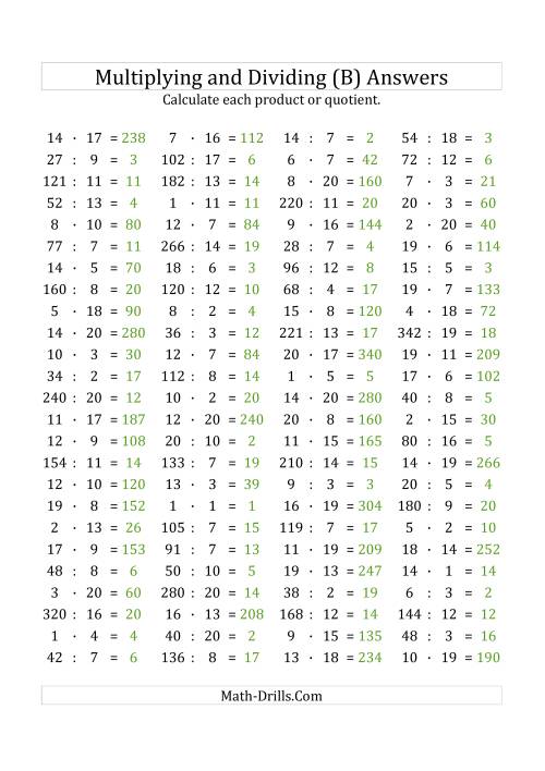 The 100 Horizontal Multiplication/Division Questions (Facts 1 to 20) Euro Format (B) Math Worksheet Page 2