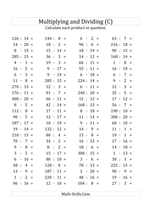 The 100 Horizontal Multiplication/Division Questions (Facts 1 to 20) Euro Format (C) Math Worksheet