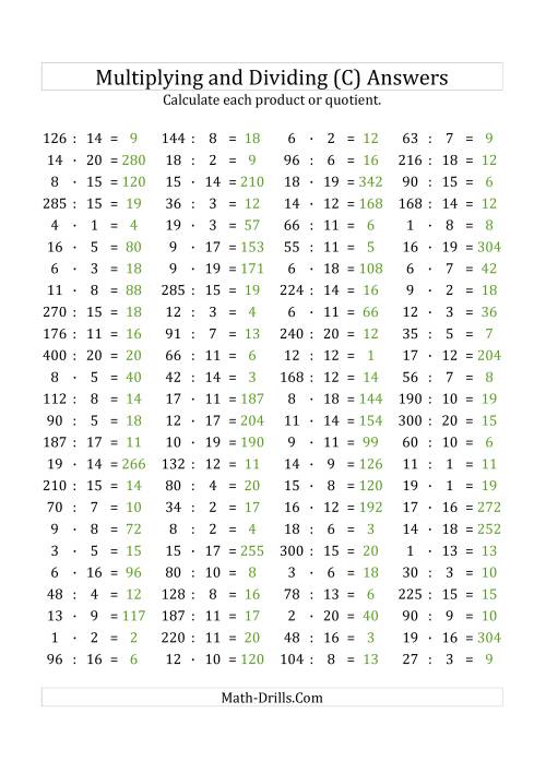 The 100 Horizontal Multiplication/Division Questions (Facts 1 to 20) Euro Format (C) Math Worksheet Page 2