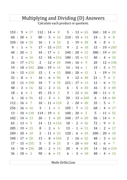 The 100 Horizontal Multiplication/Division Questions (Facts 1 to 20) Euro Format (D) Math Worksheet Page 2