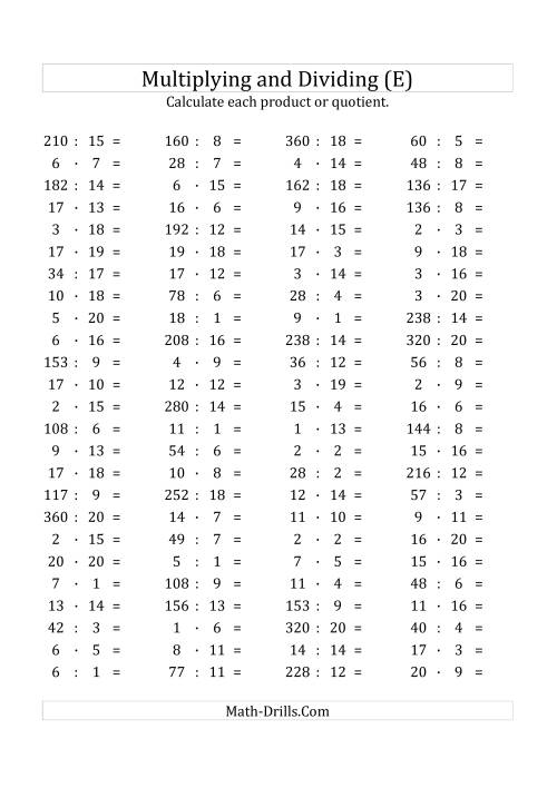 The 100 Horizontal Multiplication/Division Questions (Facts 1 to 20) Euro Format (E) Math Worksheet