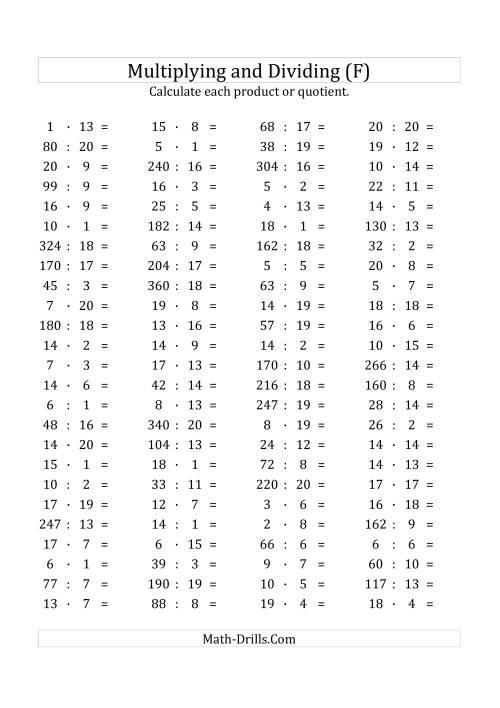 The 100 Horizontal Multiplication/Division Questions (Facts 1 to 20) Euro Format (F) Math Worksheet