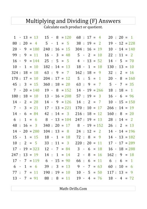 The 100 Horizontal Multiplication/Division Questions (Facts 1 to 20) Euro Format (F) Math Worksheet Page 2