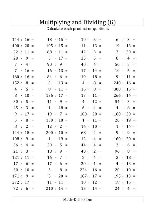 The 100 Horizontal Multiplication/Division Questions (Facts 1 to 20) Euro Format (G) Math Worksheet