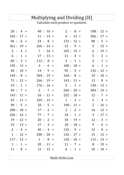 The 100 Horizontal Multiplication/Division Questions (Facts 1 to 20) Euro Format (H) Math Worksheet