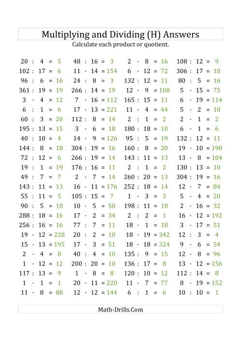 The 100 Horizontal Multiplication/Division Questions (Facts 1 to 20) Euro Format (H) Math Worksheet Page 2