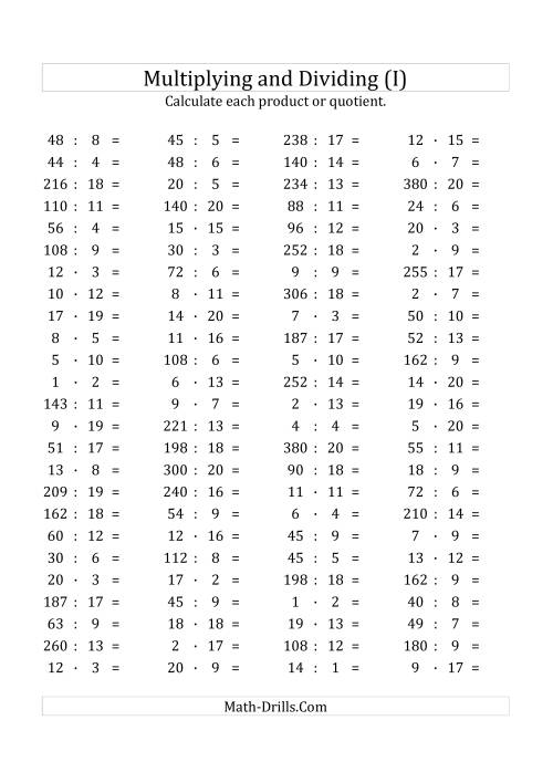 The 100 Horizontal Multiplication/Division Questions (Facts 1 to 20) Euro Format (I) Math Worksheet