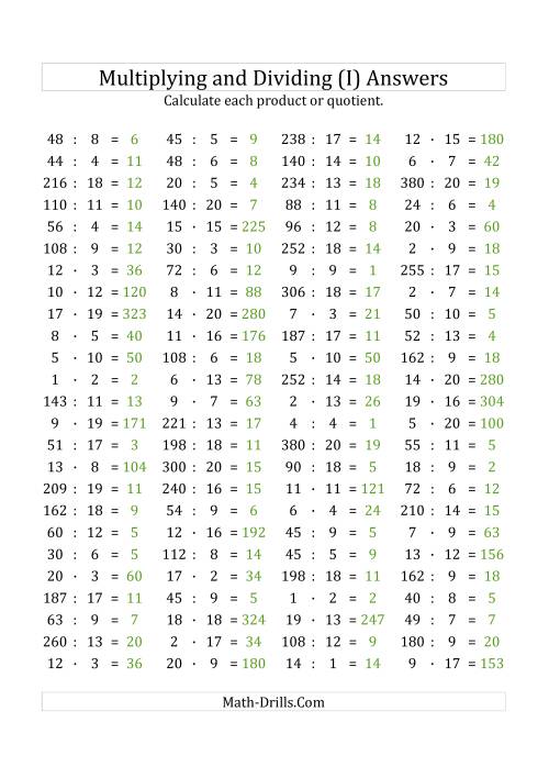 The 100 Horizontal Multiplication/Division Questions (Facts 1 to 20) Euro Format (I) Math Worksheet Page 2