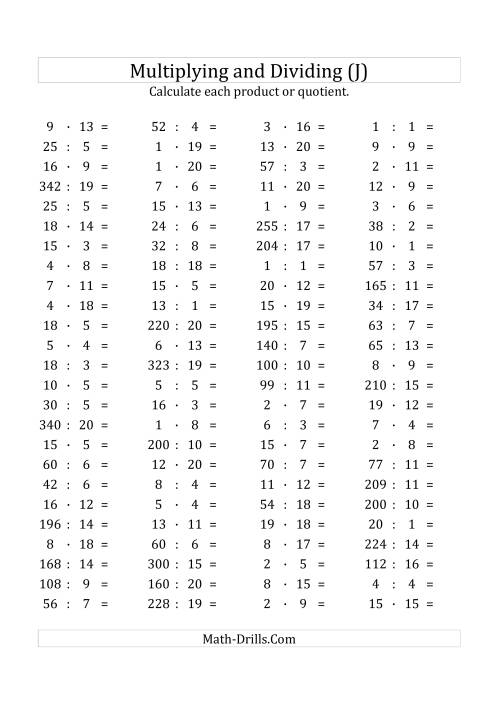 The 100 Horizontal Multiplication/Division Questions (Facts 1 to 20) Euro Format (J) Math Worksheet