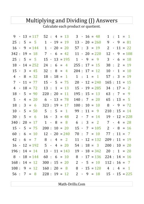 The 100 Horizontal Multiplication/Division Questions (Facts 1 to 20) Euro Format (J) Math Worksheet Page 2