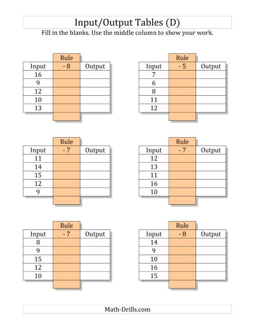 The Input/Output Tables -- Subtraction Facts 1 to 9 -- Output Only Blank (D) Math Worksheet