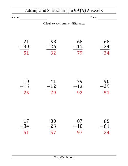 The Large Print Adding and Subtracting 2-Digit Numbers with Sums and Minuends up to 99 (12 Questions) (A) Math Worksheet Page 2