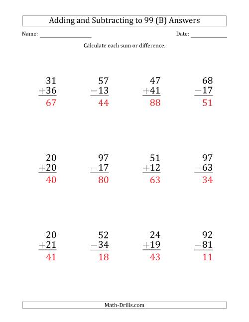 The Large Print Adding and Subtracting 2-Digit Numbers with Sums and Minuends up to 99 (12 Questions) (B) Math Worksheet Page 2