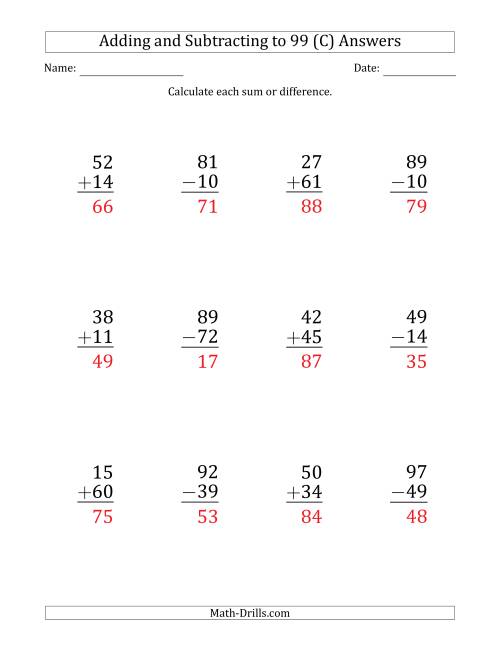 The Large Print Adding and Subtracting 2-Digit Numbers with Sums and Minuends up to 99 (12 Questions) (C) Math Worksheet Page 2