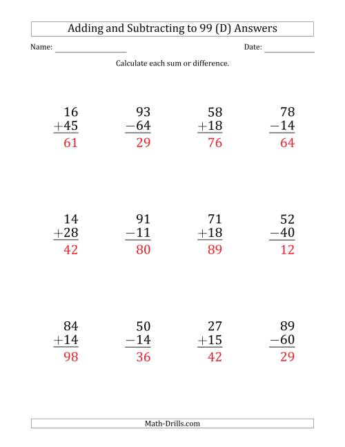 The Large Print Adding and Subtracting 2-Digit Numbers with Sums and Minuends up to 99 (12 Questions) (D) Math Worksheet Page 2