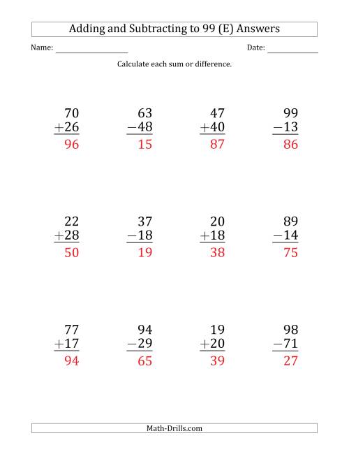 The Large Print Adding and Subtracting 2-Digit Numbers with Sums and Minuends up to 99 (12 Questions) (E) Math Worksheet Page 2